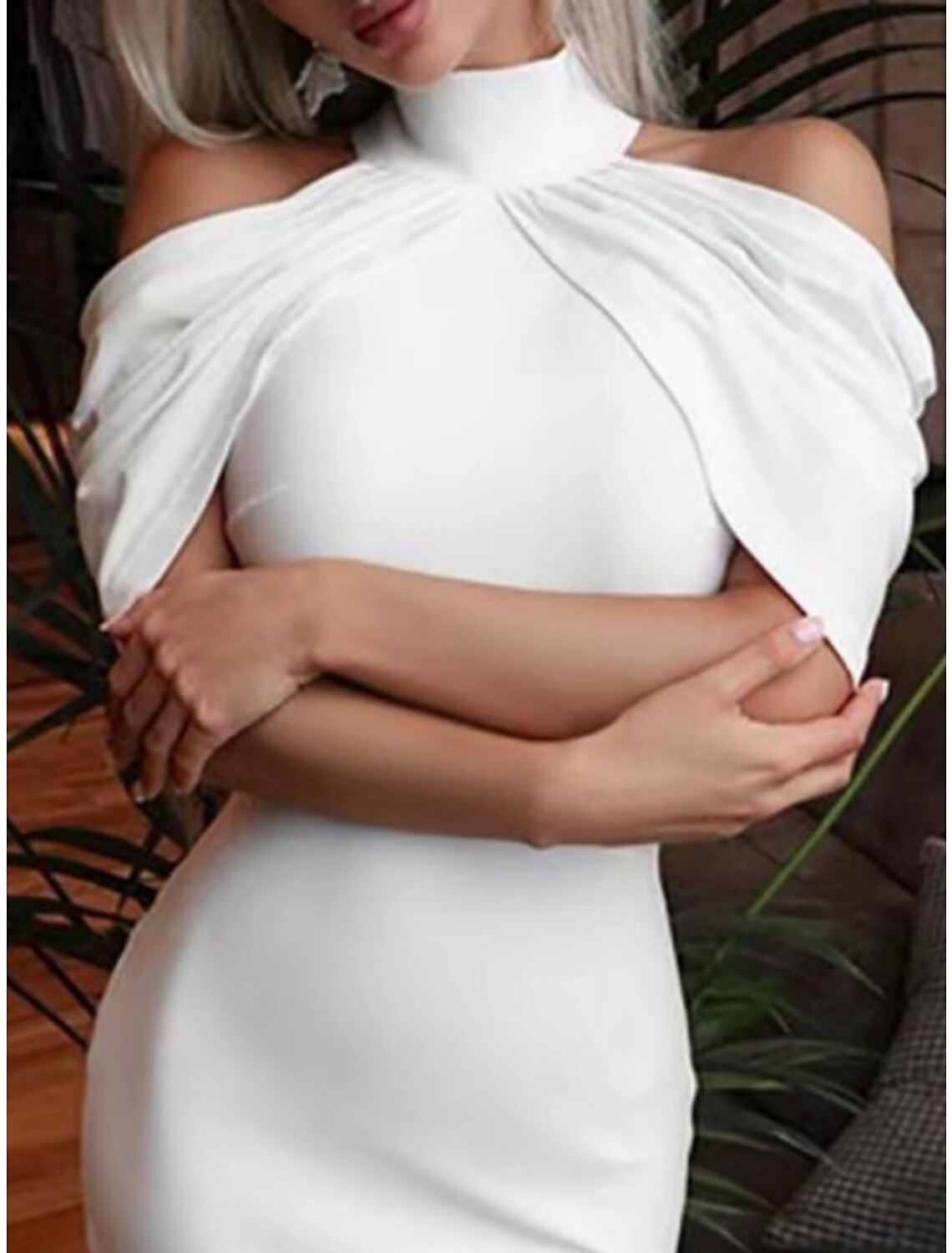 Vestido de fiesta para mujer, vestido de regreso a casa, vestido tubo, vestido midi, blanco, manga corta, liso, fruncido, verano, primavera, otoño, cuello alto, moderno, para invitada de boda.