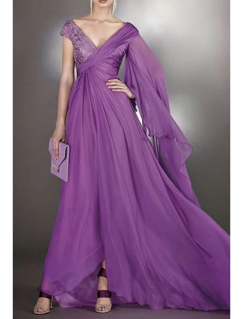 Lilac Chiffon A-Line Floor-Length V-Neck Gown with Asymmetrical Draping