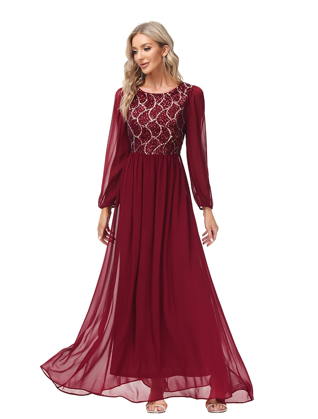 Burgundy Chiffon A-Line Floor-Length Evening Dress with Sequin Bodice