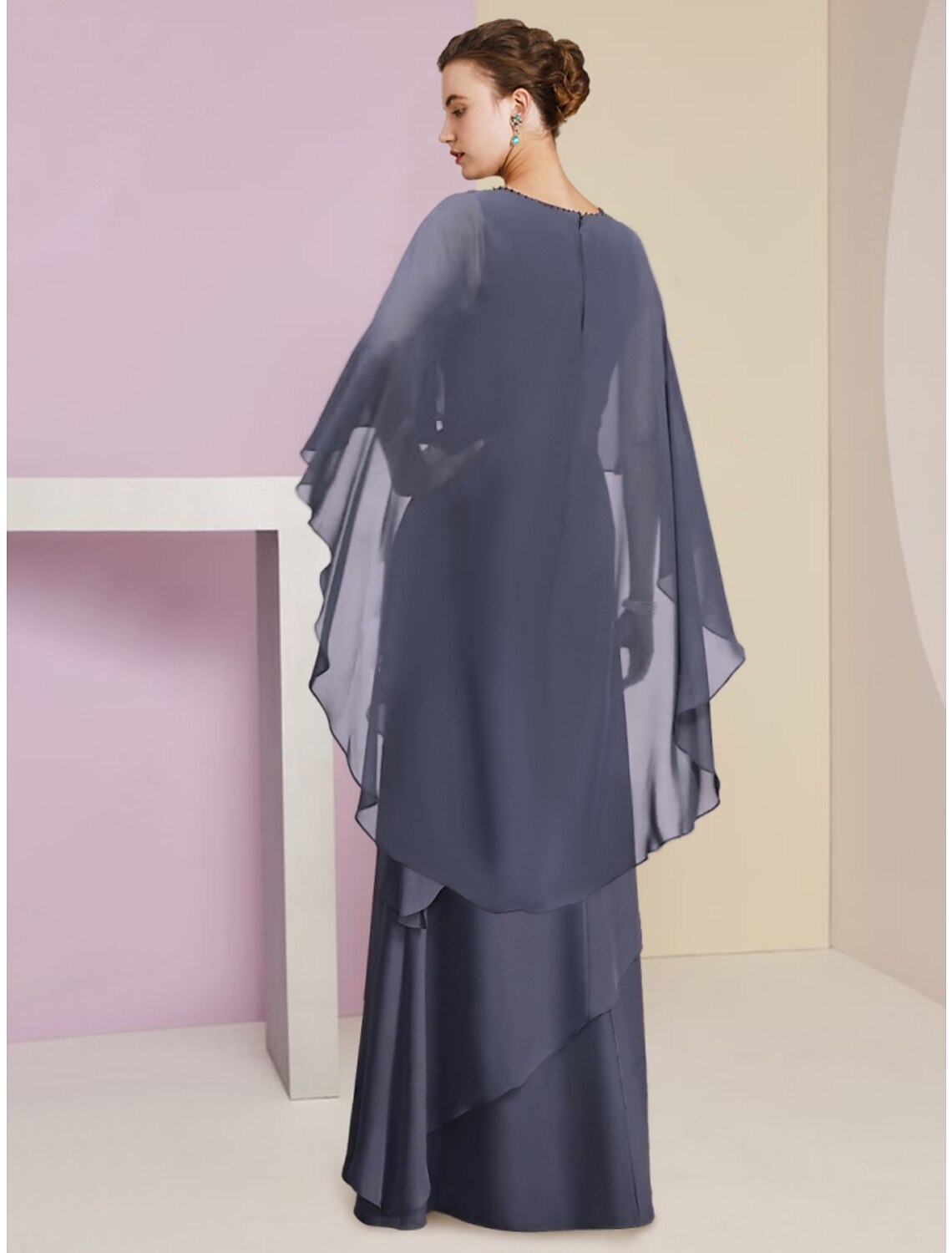 Abito da cerimonia per la madre della sposa, a tubino, elegante, con scollo a gioiello, lunghezza al pavimento, in chiffon, mezza manica, con paillettes, tinta unita