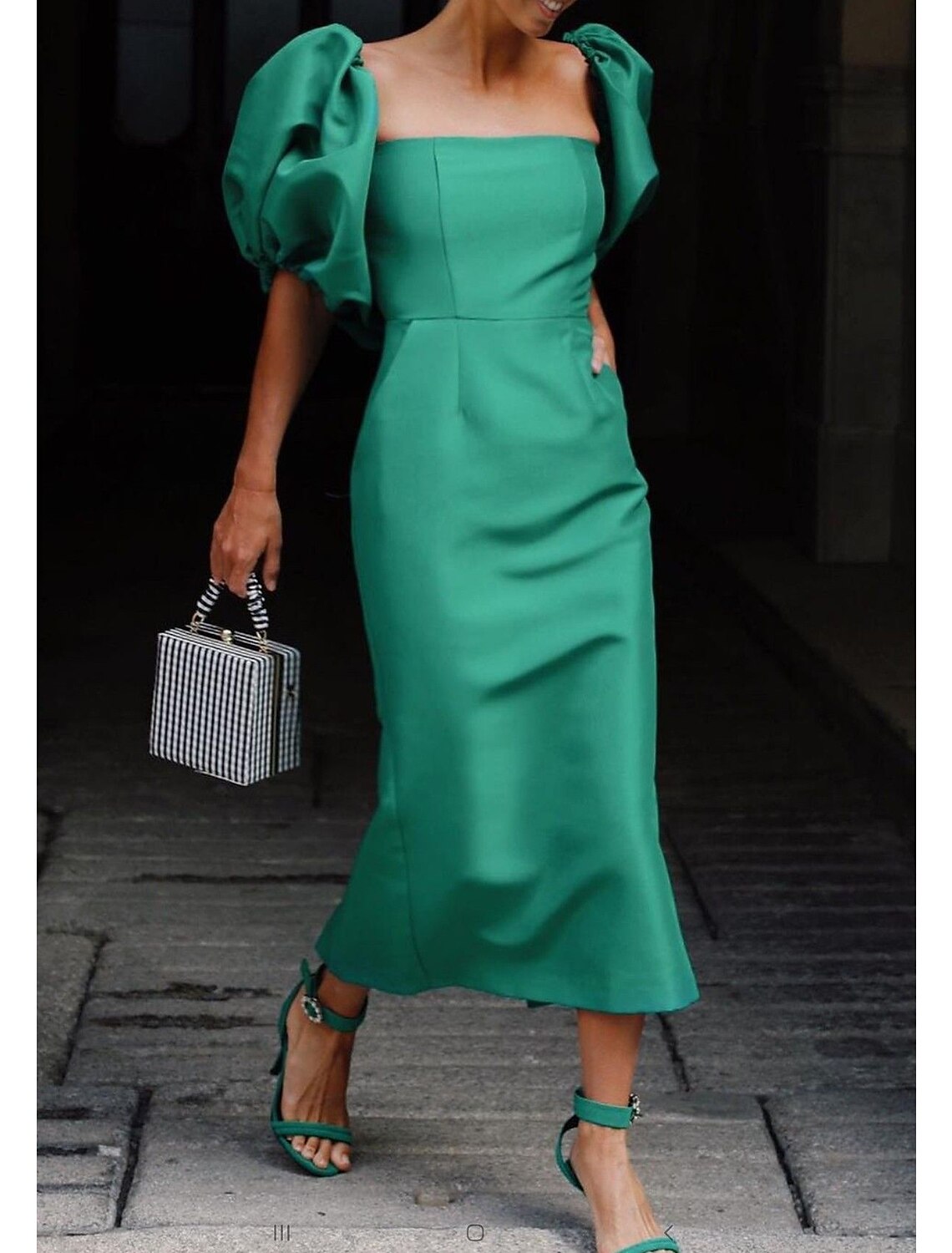 Sheath/Column Square Neck Satin Short Sleeve with Slit Backless Wedding Guest Summer Tea Length Prom Dress