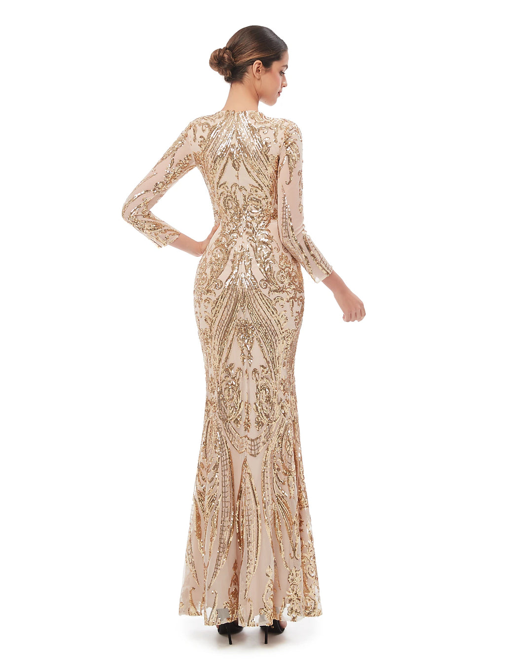 Vestido de noche formal elegante estilo sirena/trompeta, estilo vintage, con escote joya, manga larga y lentejuelas desmontables.