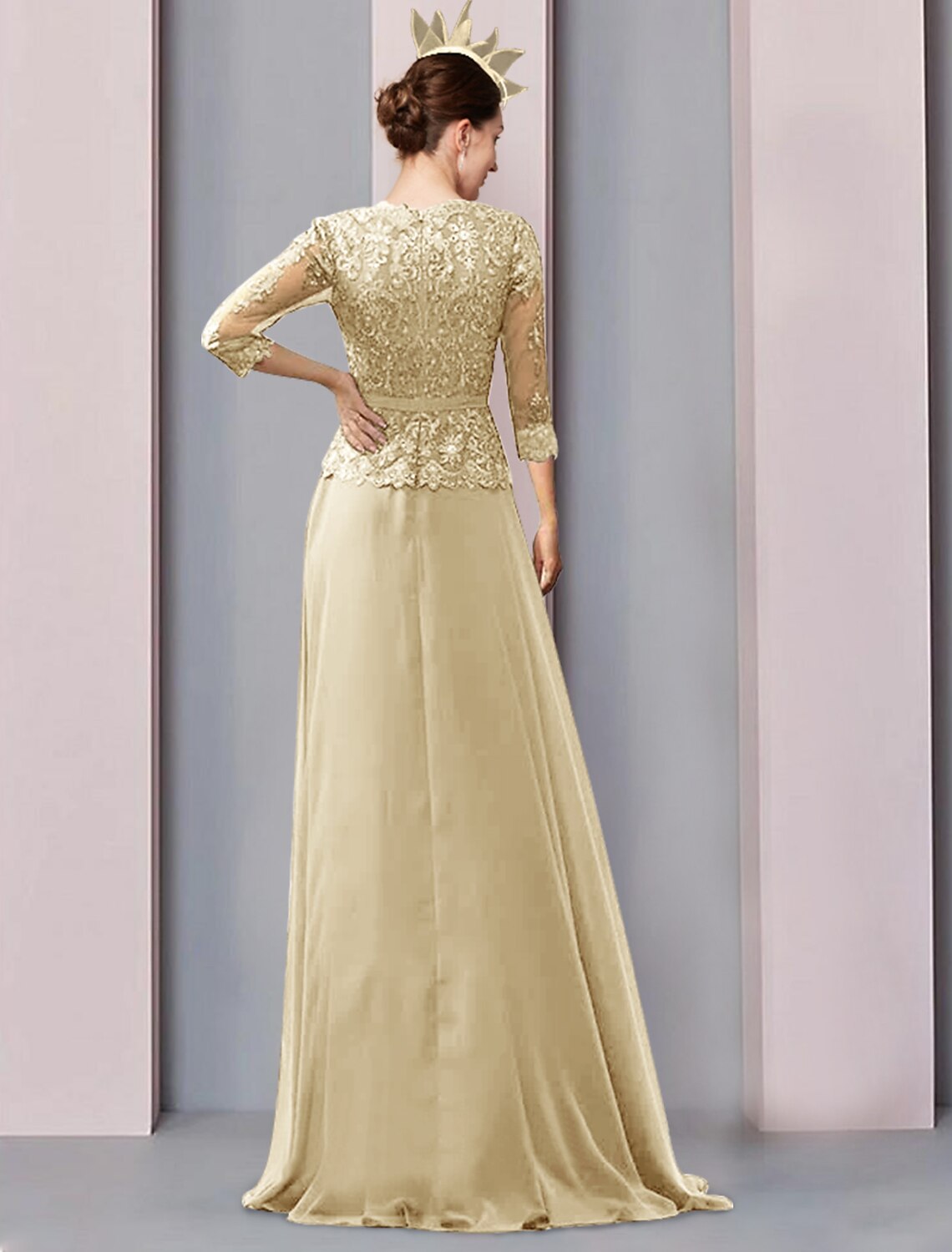 Abito da cerimonia per la madre della sposa, a trapezio, elegante, con scollo a V, lunghezza al pavimento, in chiffon, mezza manica, con arricciature in pizzo