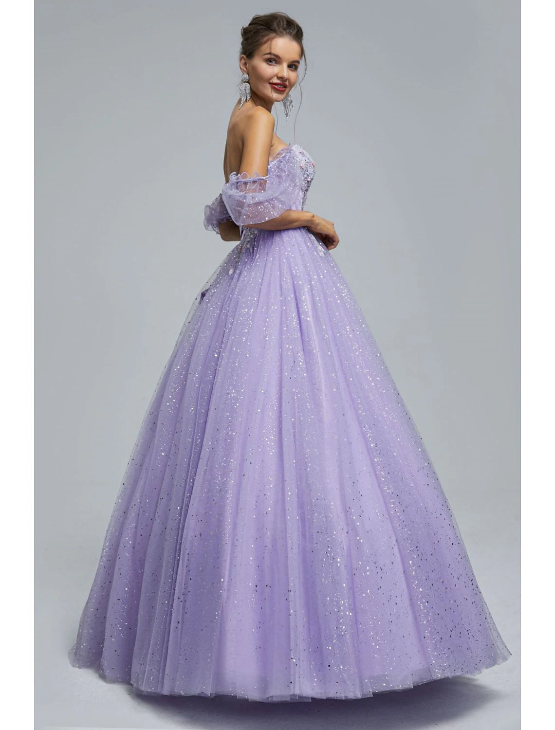 Lilac Sweetheart Ball Gown Floor-Length Tulle Evening Dress with Glitter Skirt