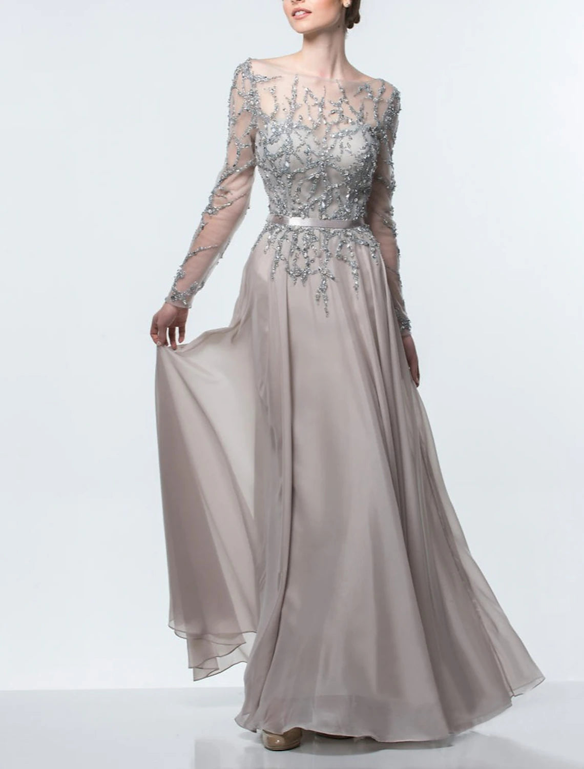 Grey Chiffon A-Line Floor-Length Dress with Embellished Sheer Boat Neck