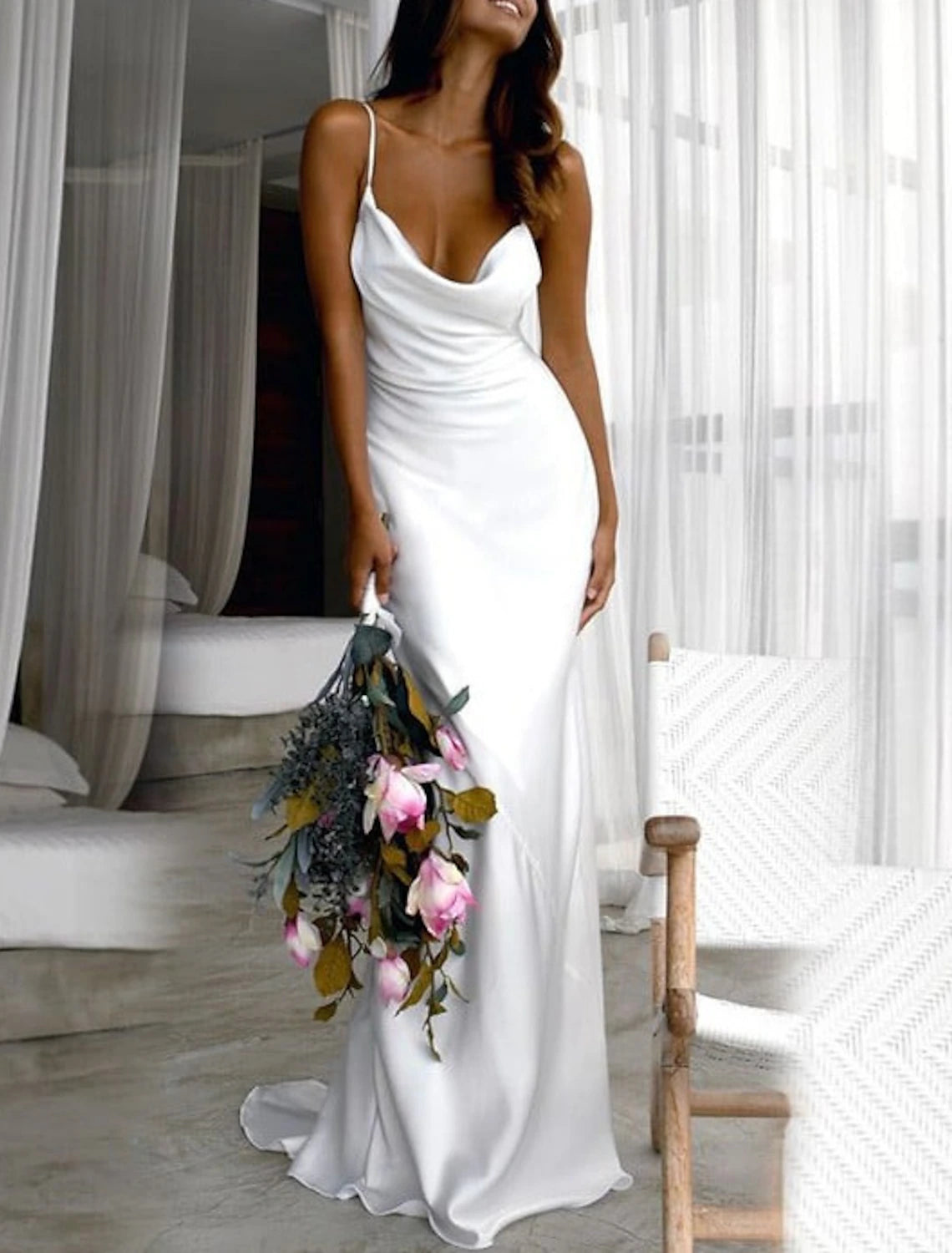 Beach Simple Wedding Dresses Sheath / Column Square Neck Camisole Spaghetti Strap Sweep / Brush Train  Fabric Bridal Gowns With Ruched Solid Color