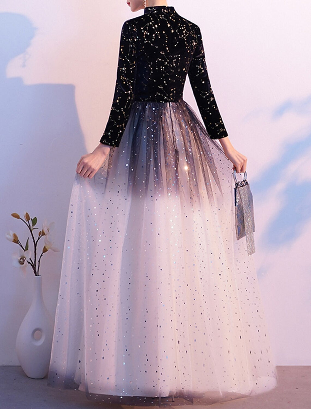 Vestido de noche formal elegante con corte en A y brillantes, estilo reina Ana, manga larga, largo hasta el suelo, de tul con lentejuelas, 2025