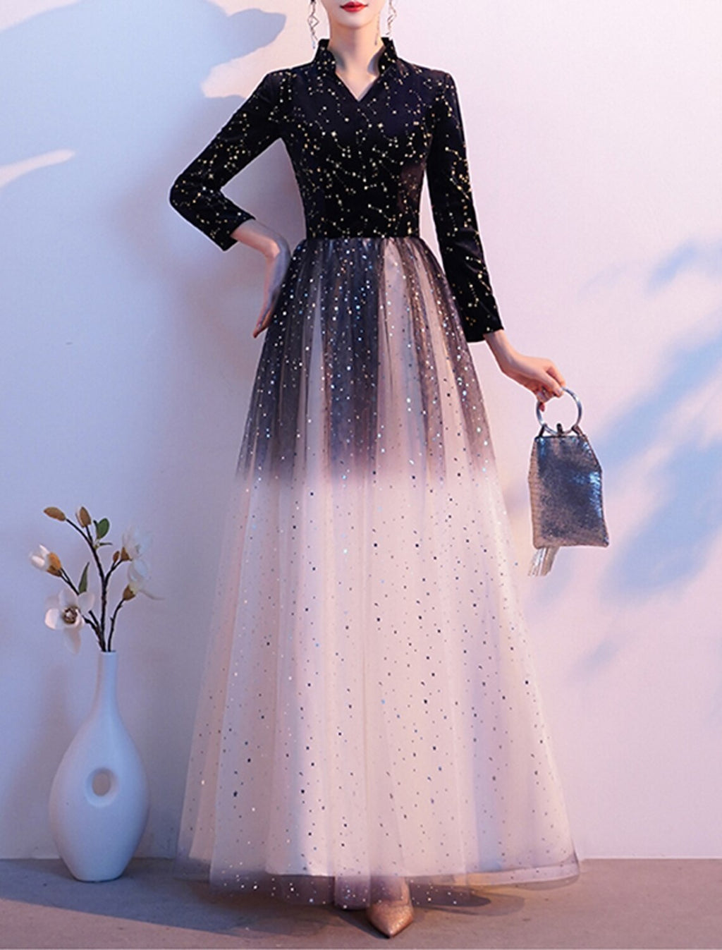 Vestido de noche formal elegante con corte en A y brillantes, estilo reina Ana, manga larga, largo hasta el suelo, de tul con lentejuelas, 2025