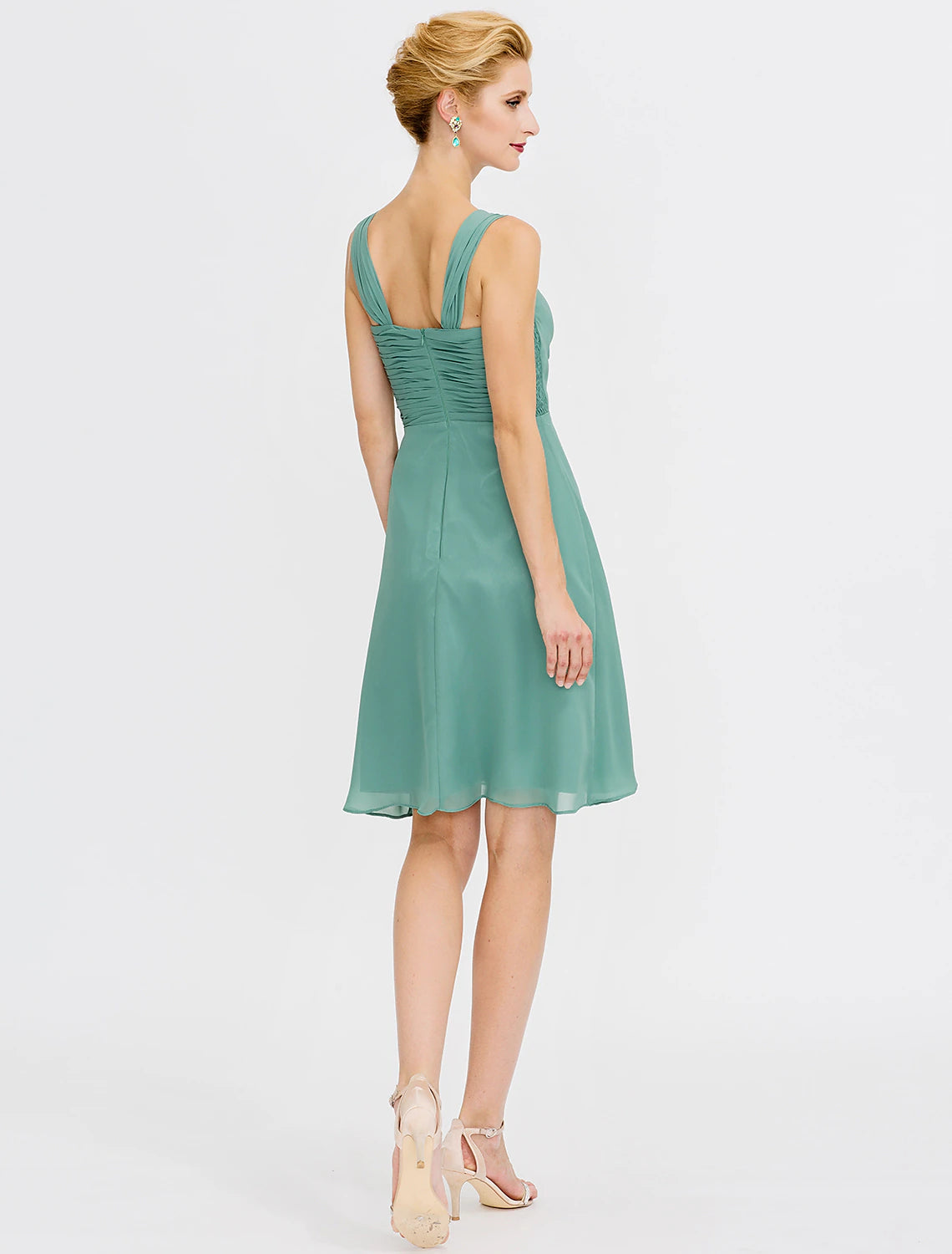 Abito da sposa a trapezio, elegante, corto/mini, in chiffon, senza maniche, con pieghe e perline, due pezzi, formale