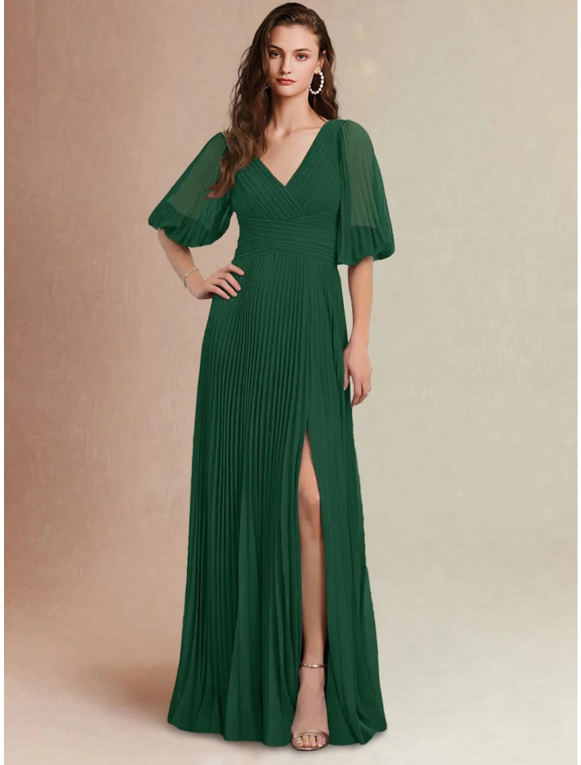 Abito da damigella d'onore a trapezio, scollo a V, manica corta, elegante, lunghezza pavimento, in chiffon con spacco frontale / arricciatura