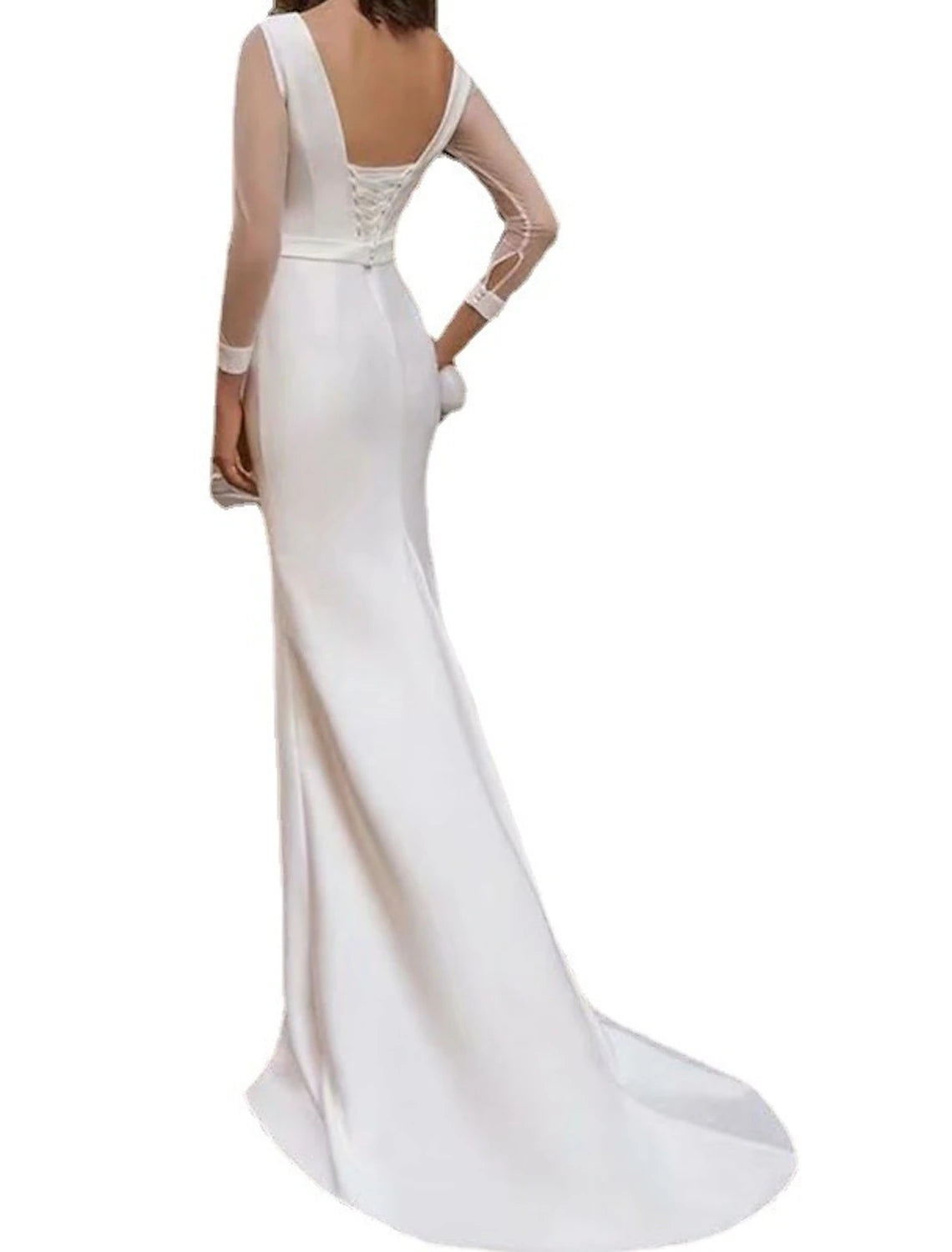 Vestidos de novia sencillos de estilo real con escote de sirena o trompeta, manga larga, cola de cepillo y cola de barrido de satén, color liso, para fiesta de bodas de verano.
