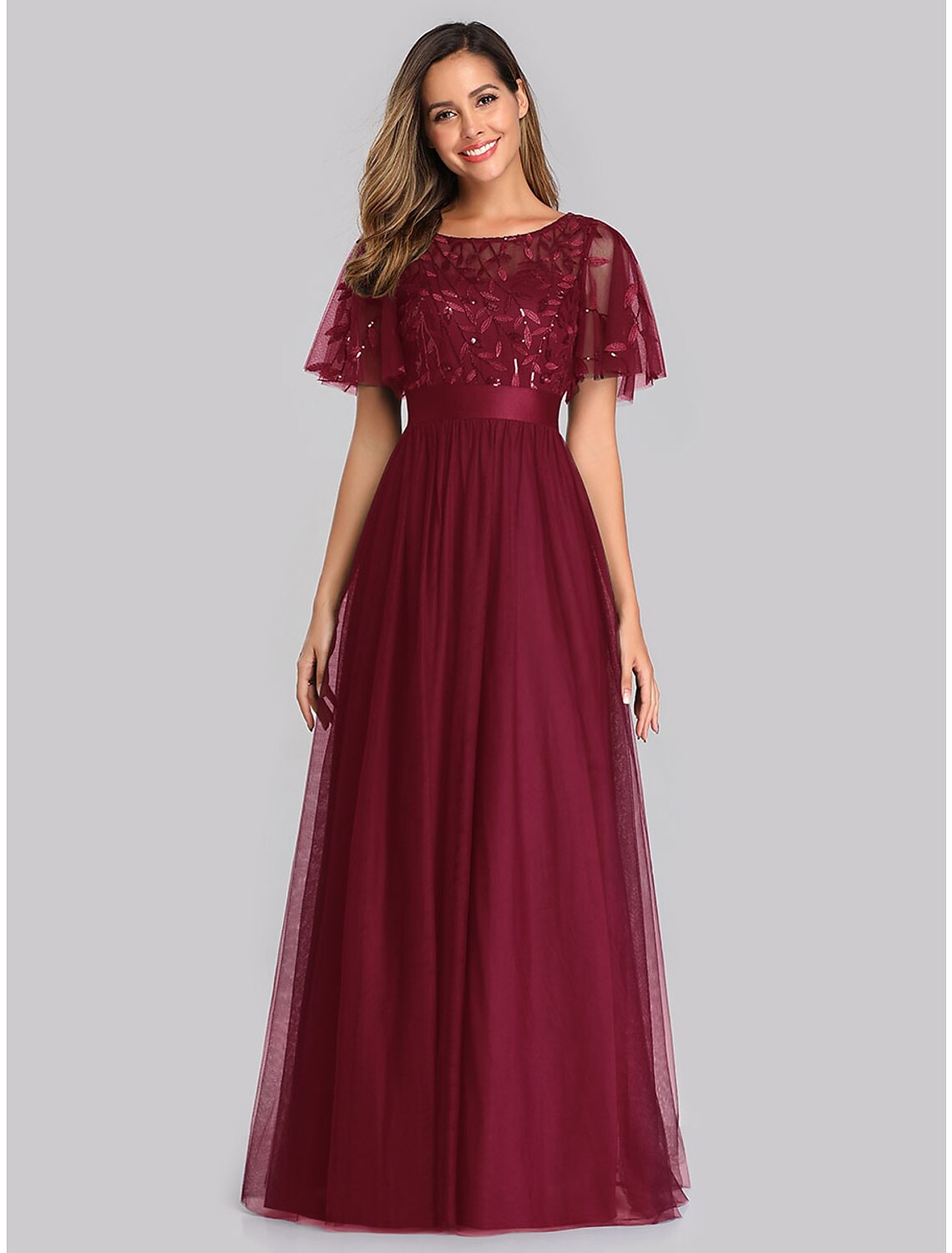 Vestidos de fiesta de corte A, estilo imperio, para invitadas de boda, para graduación, largo hasta el suelo, manga corta, cuello joya, vestido de dama de honor de tul con apliques de lentejuelas