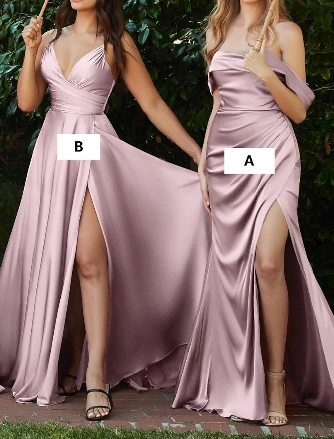 Abito da damigella d'onore a sirena/tromba, monospalla, senza maniche, in chiffon rosa lungo fino al pavimento, con spacco frontale/arricciatura
