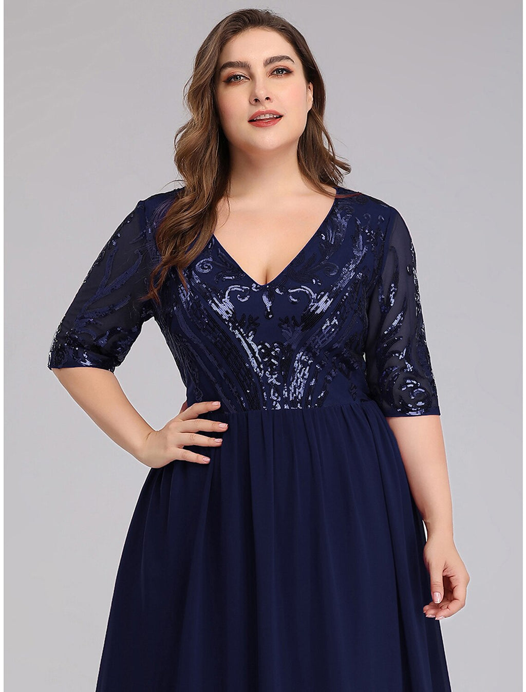 Vestidos de fiesta de corte A, talla grande, para invitados de boda, hasta el suelo, media manga, escote pronunciado, de gasa con