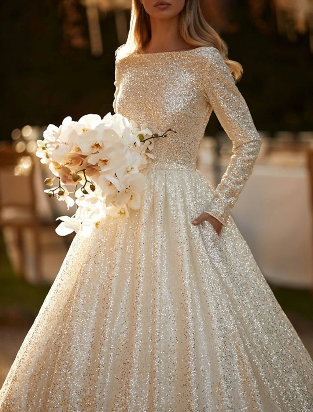 Vestidos de novia formales de compromiso con brillo y brillo, vestido de fiesta, escote redondo, manga larga, cola capilla, vestidos de novia con lentejuelas y color sólido
