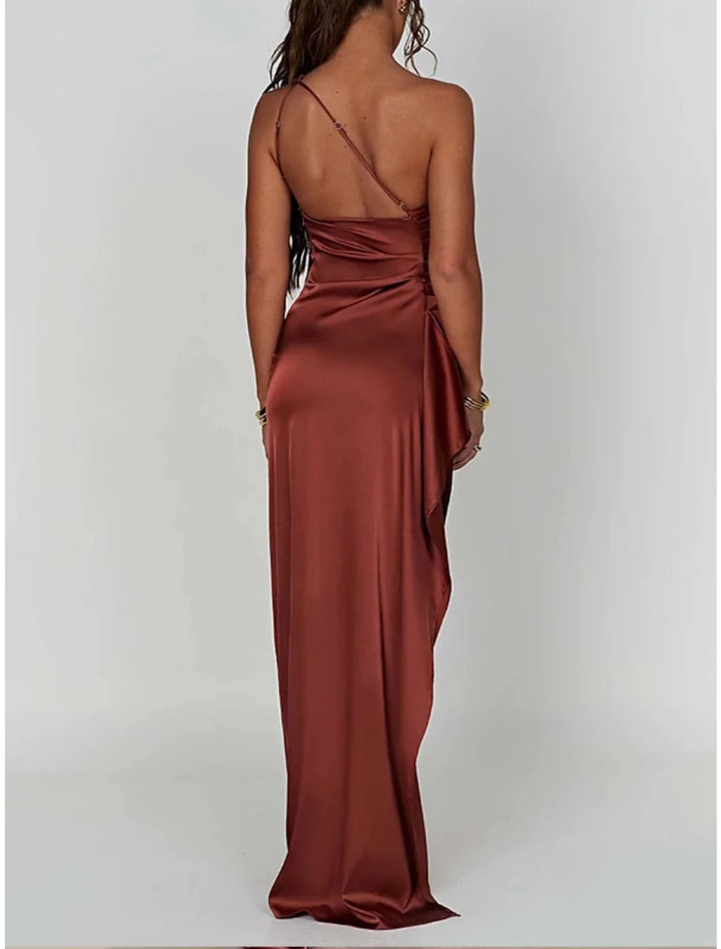 Rust Satin Sheath/column Floor-Length Evening Dress with One Shoulder & Back Zip