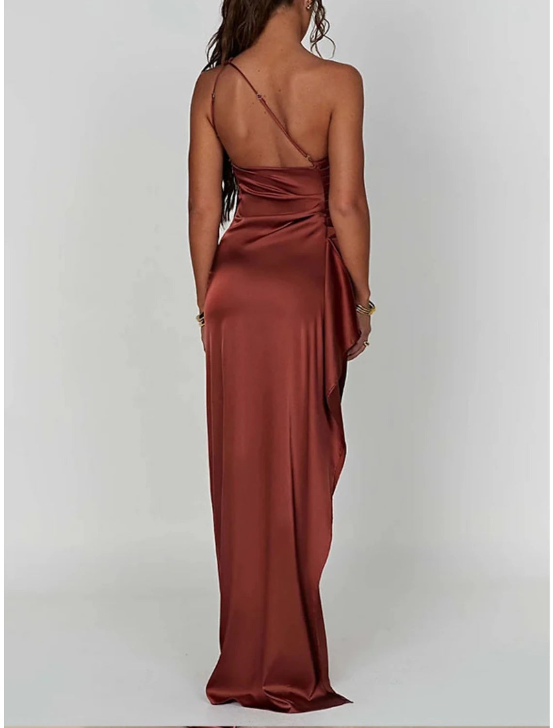 Rust Satin Sheath/column Floor-Length Evening Dress with One Shoulder & Back Zip