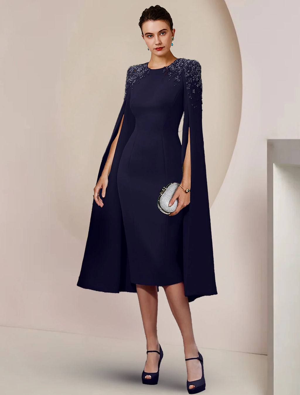 Dark Navy Crepe Sheath/column Midi Dress with Beaded Cape Sleeves