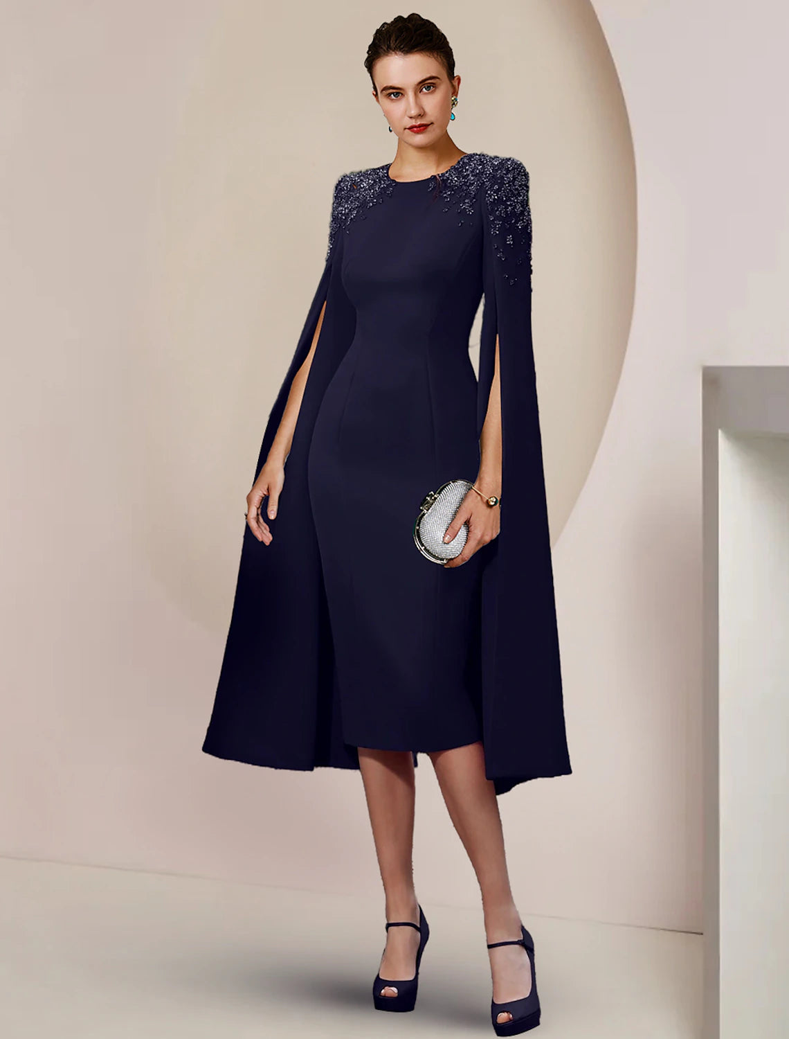 Dark Navy Crepe Sheath/column Midi Dress with Beaded Cape Sleeves