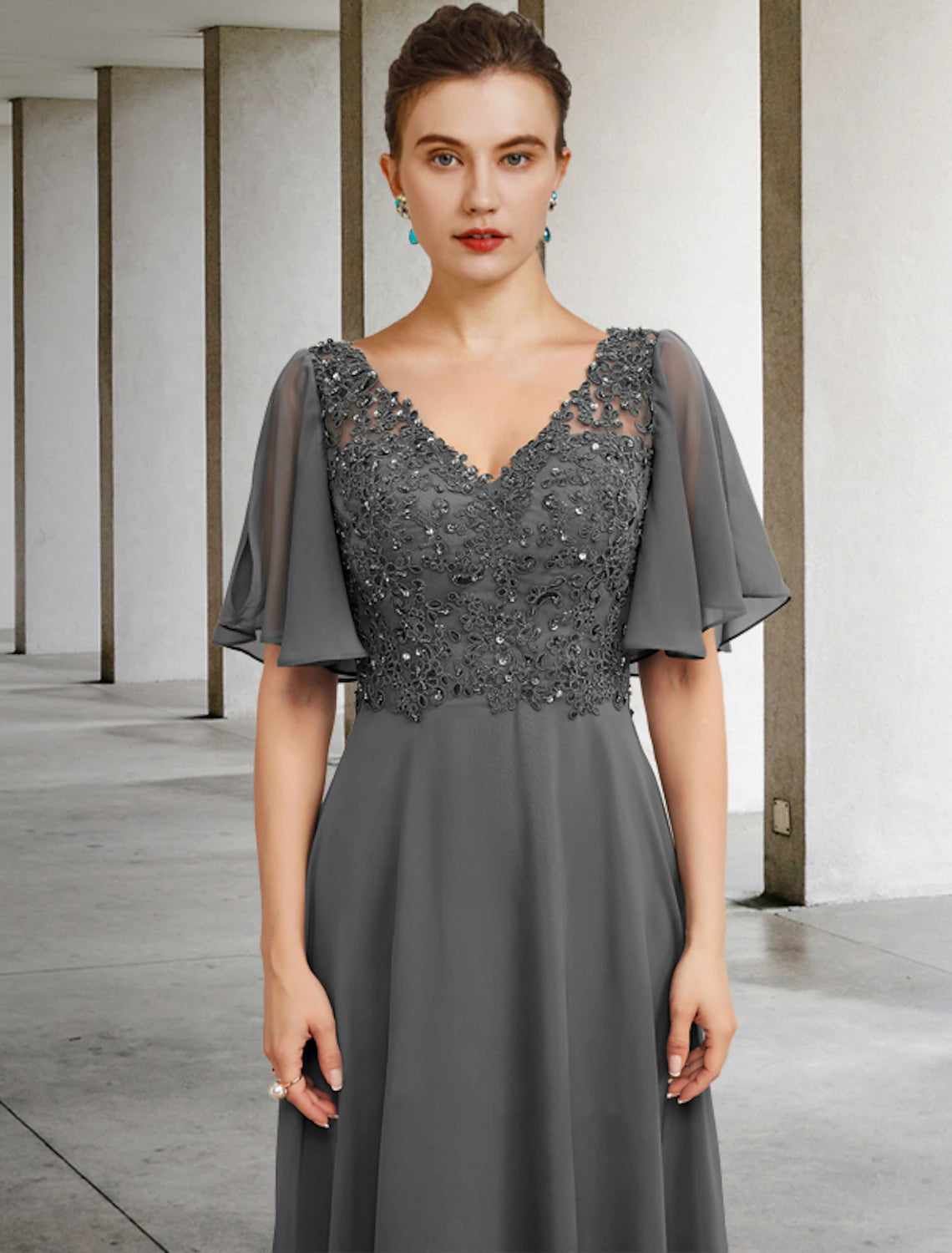 Grey Chiffon A-Line Floor-Length Bridesmaid Dress with Flutter Sleeves