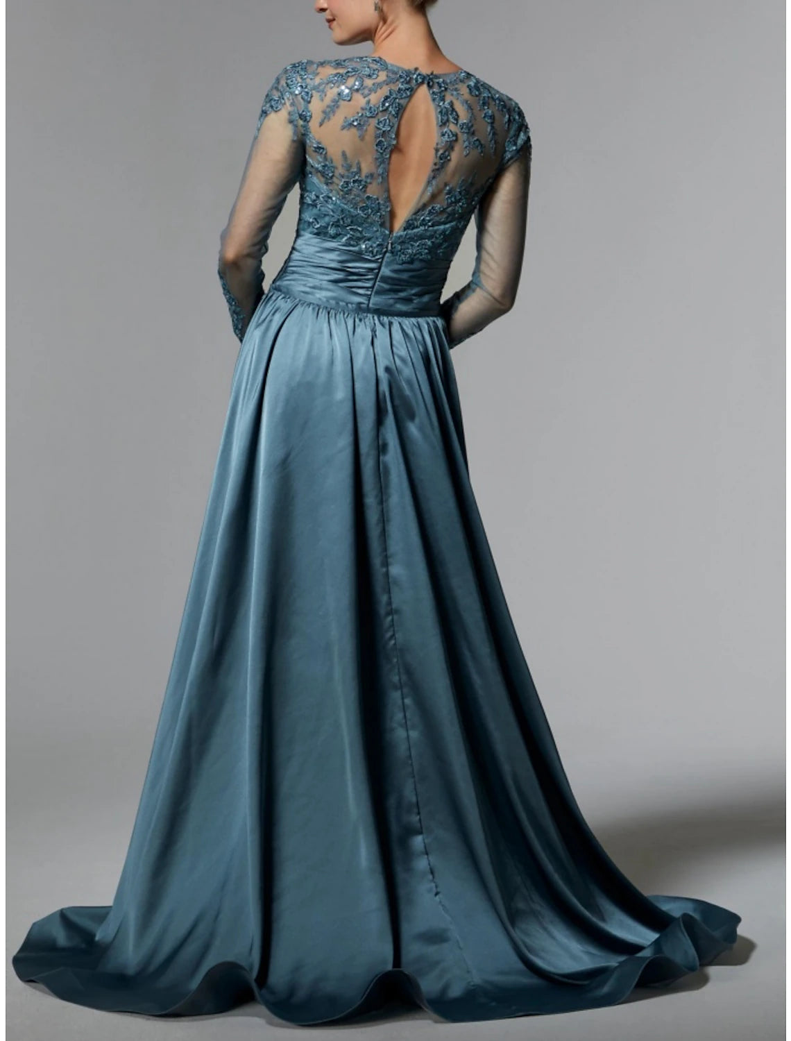 Mermaid / Trumpet Mother of the Bride Dress Wedding Guest Elegant Jewel Neck Sweep / Brush Train  Satin Long Sleeve with Lace Sequin Ruching