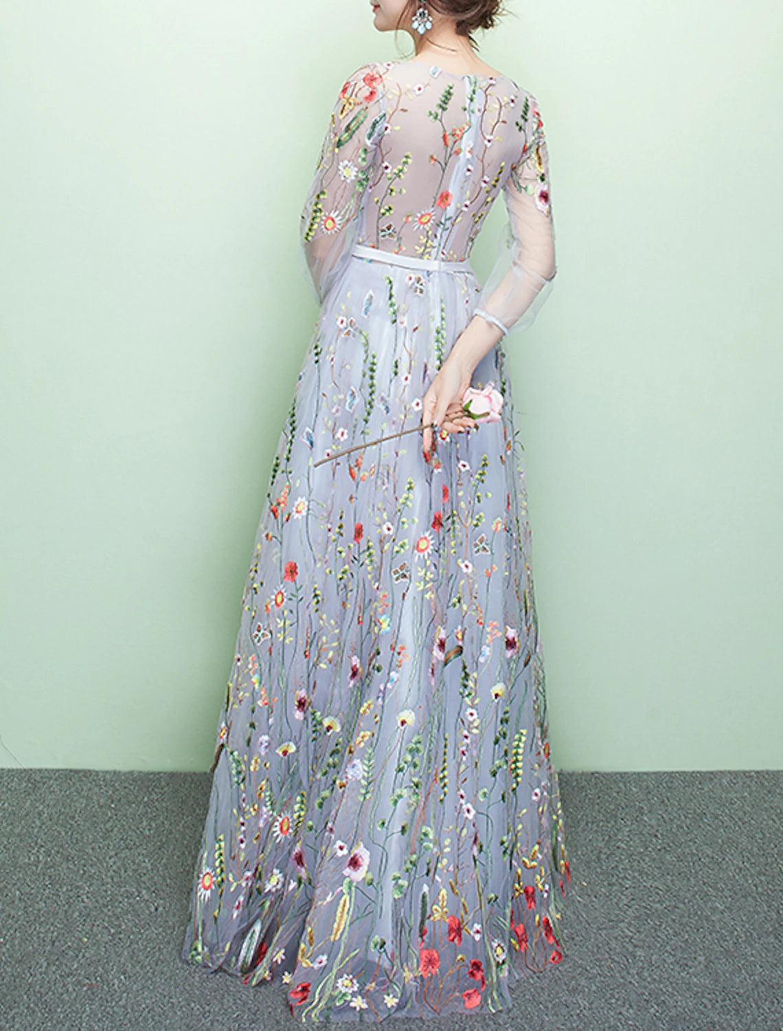 Black Mesh A-Line Floor-Length Dress: Boat Neck, Embroidered Florals