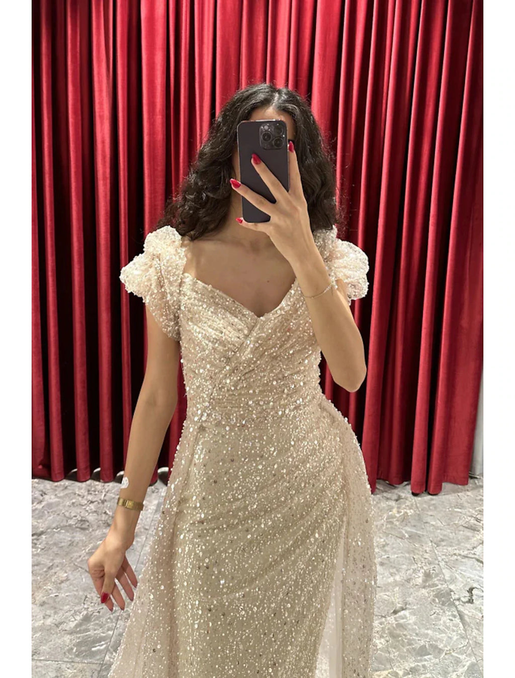 Champagne Sequin Off-the-Shoulder Floor-Length Evening Dress