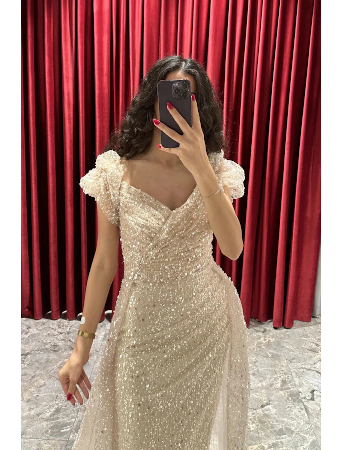 Champagne Sequin Off-the-Shoulder Floor-Length Evening Dress