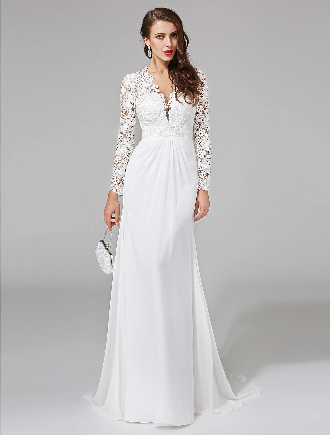 Ivory Lace Sheath/column Floor-Length Bridesmaid Dress with Deep V-Neck & Long Sleeves