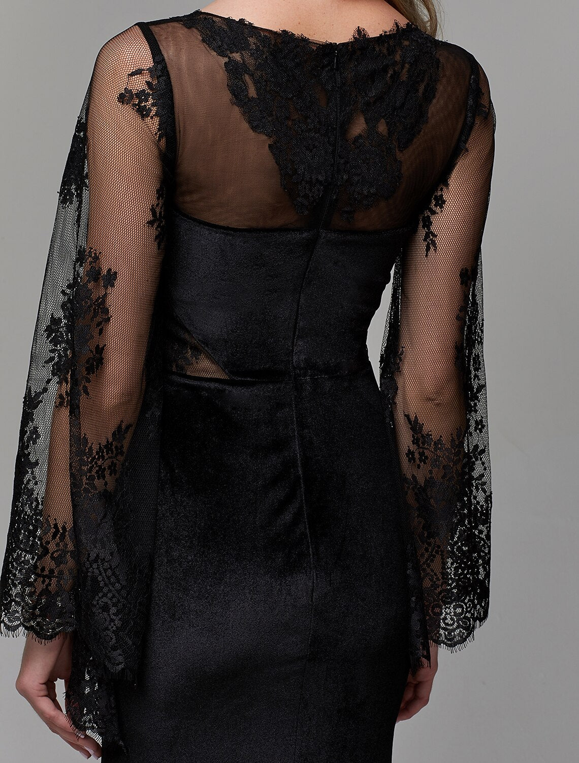 Abito elegante a tubino/colonna per invitati a nozze, fidanzamento, lunghezza al pavimento, maniche lunghe, scollo a V, pizzo con inserto in pizzo