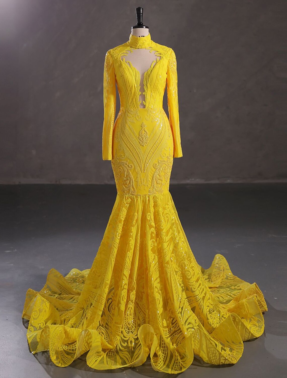 Vestido de fiesta de sirena, vestido de noche, vestido brillante y resplandeciente, vestido de carnaval, Navidad, rojo y verde, cola de corte, manga larga, cuello alto, encaje con lentejuelas