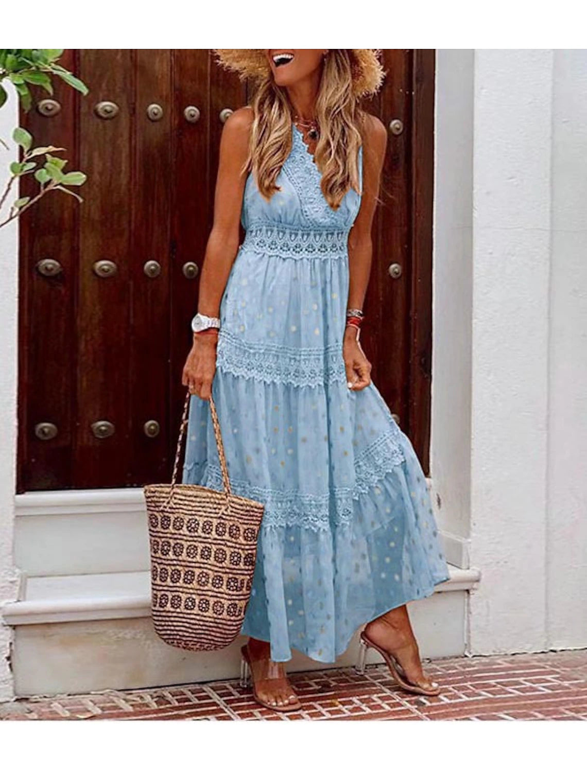 Abiti da sposa bianchi da spiaggia, abiti da sposa boho, linea ad A, scollo a V, senza maniche, lunghezza alla caviglia, in chiffon, con applicazioni