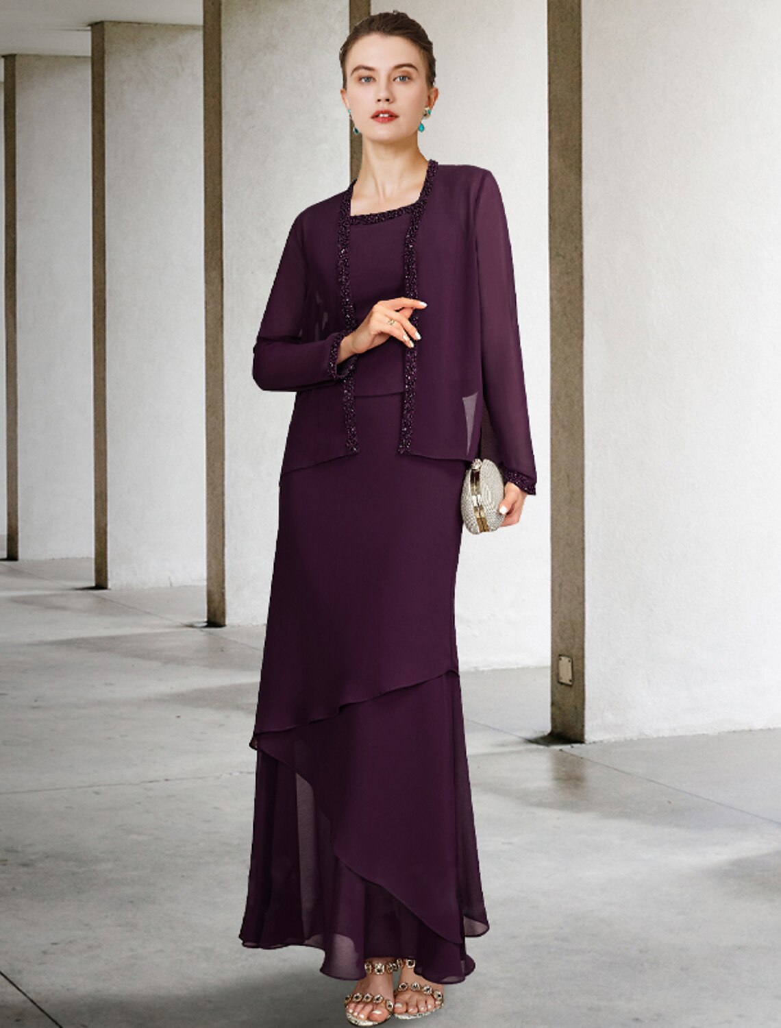 Vestido de madre de la novia de dos piezas, corte en A, talla grande, elegante, escote cuadrado, largo hasta los tobillos, de gasa, sin mangas, con chaqueta cruzada incluida, vestidos con capas de abalorios de perlas