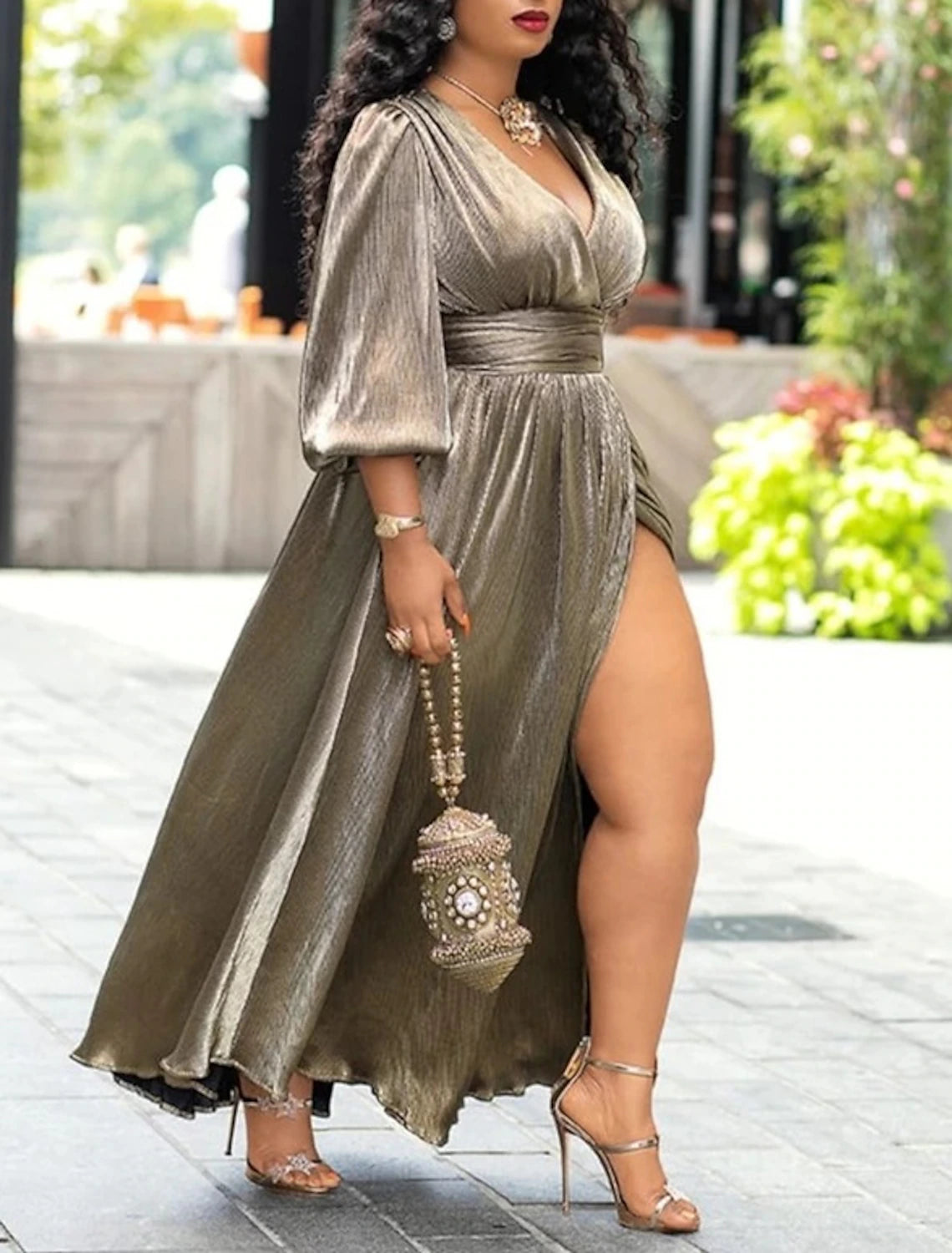 Abiti da ballo a trapezio, scintillanti, per le feste, per gli invitati alle nozze, lunghi fino al pavimento, maniche lunghe, scollo a V, tessuto in lurex con spacco glitterato