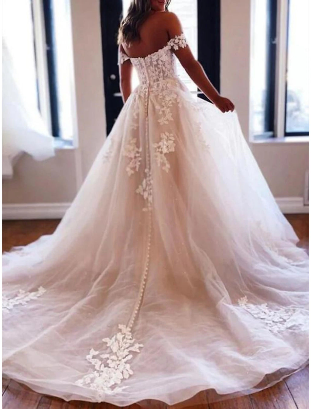 Vestidos de novia formales de compromiso, vestido de fiesta, hombros descubiertos, manga corta, cola capilla, vestidos de novia de encaje con botones y apliques