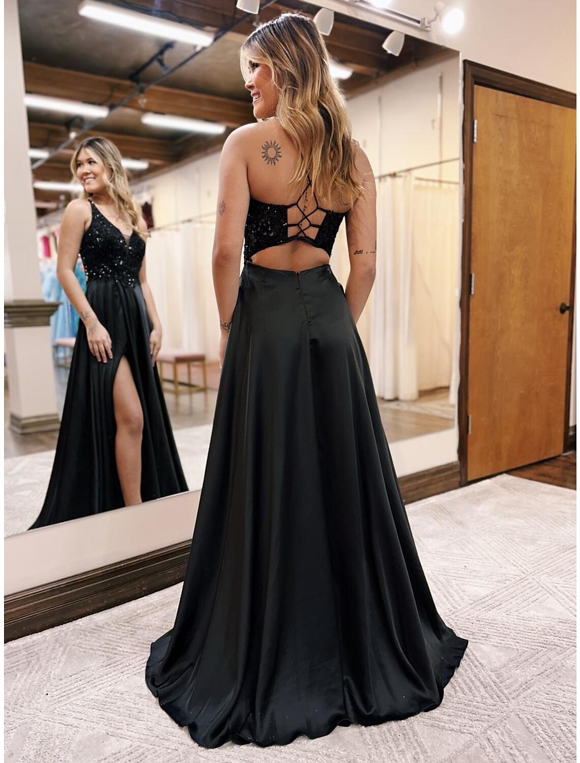 Black Satin A-Line Floor-Length Evening Dress with Sequin Bodice and High Slit