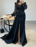 Vestido de noche de corte A, negro, talla grande, brillante, formal, cóctel, fiesta, cola, manga larga, escote en V, cinturón/faja, charmeuse con abertura de lentejuelas fruncidas
