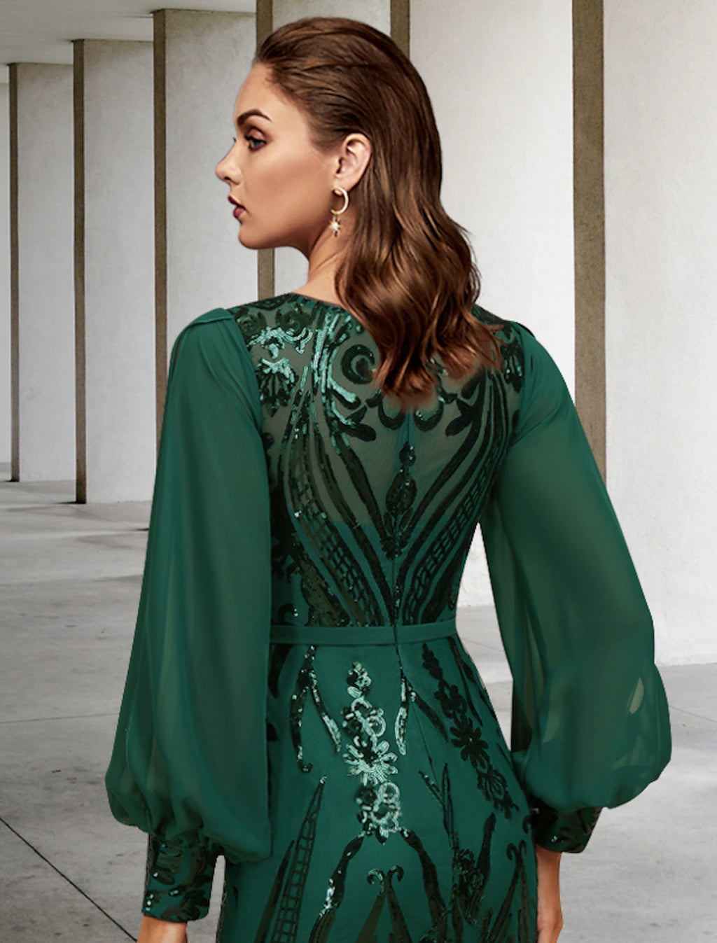 Emerald Sequin Floor-Length Evening Dress with Bishop Sleeves
