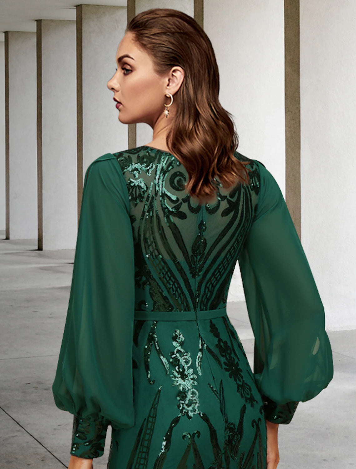 Emerald Sequin Floor-Length Evening Dress with Bishop Sleeves
