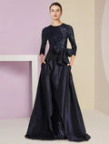 Vestido de dos piezas para madre de la novia, estilo tubo/columna, para invitada de boda formal, con brillo y brillo, elegante, escote redondo, largo hasta el suelo, tafetán desmontable con lentejuelas, manga 3/4 con lazo(s).
