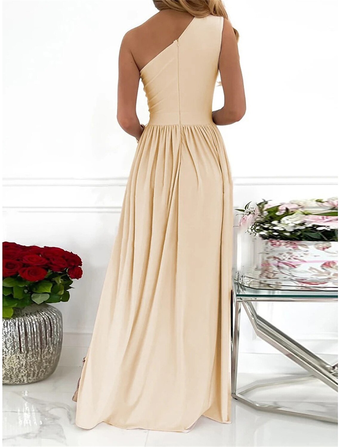 Champagne Jersey One Shoulder A-Line Floor-Length Evening Dress with High Slit
