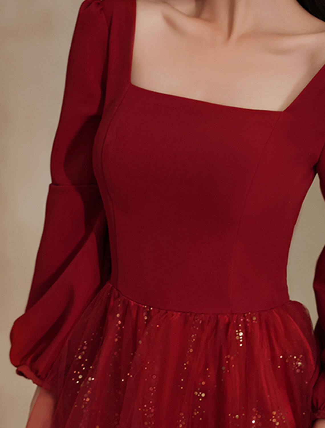 Abito da sera a trapezio, elegante, da fidanzamento, formale, lungo, a maniche lunghe, con scollo a barchetta, in tulle con paillettes