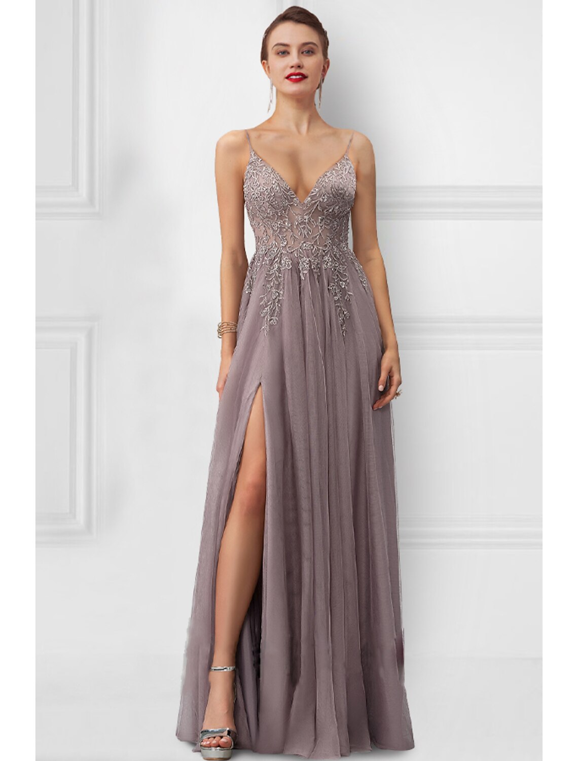 Abiti da ballo a trapezio, abiti floreali, abiti da festa, lunghezza pavimento, senza maniche, spalline sottili, in tulle con spacco