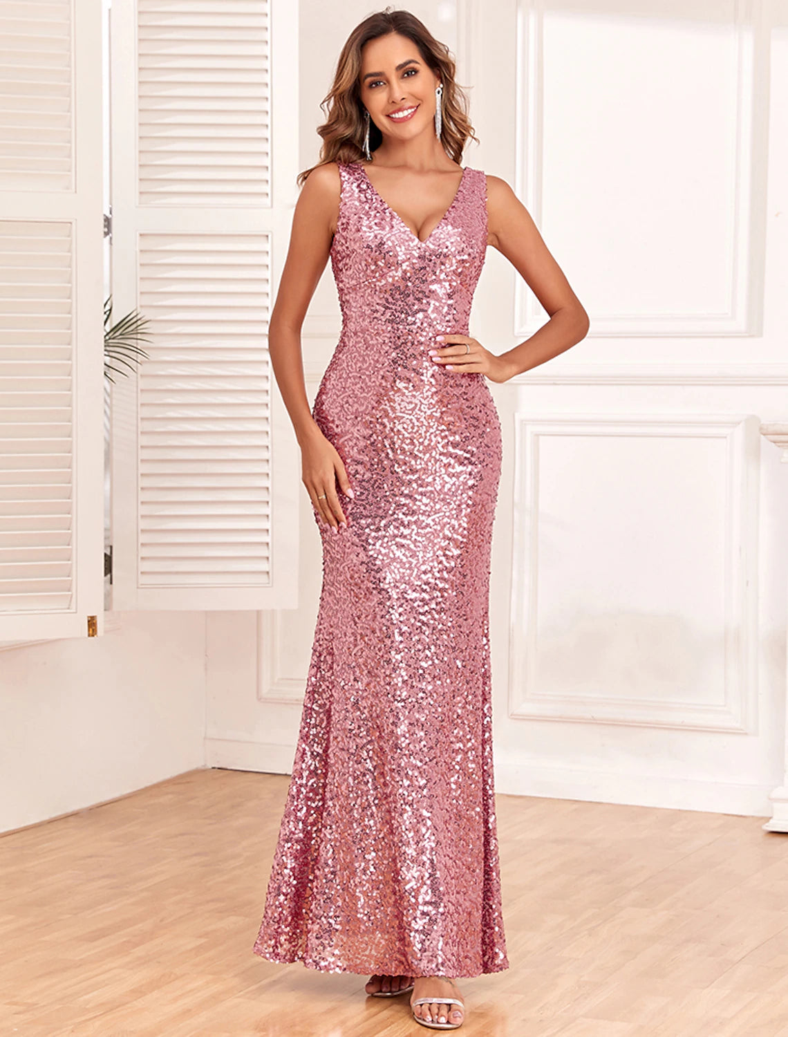 Pink Sequin V-Neck Mermaid Floor-Length Gown