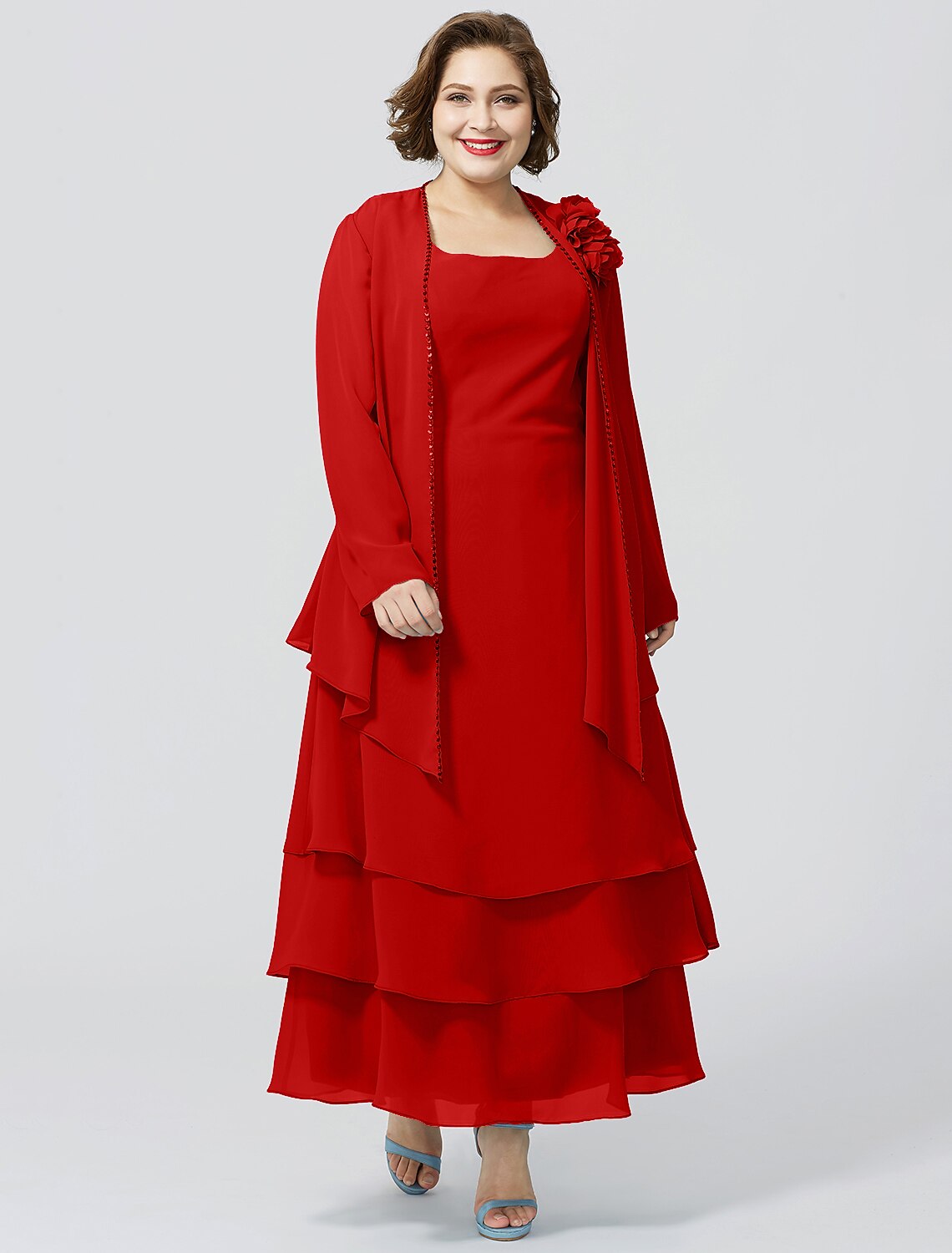 Abito da madre della sposa a trapezio, elegante, taglie forti, con scollo a barchetta, lunghezza alla caviglia, in chiffon, senza maniche, con pizzo