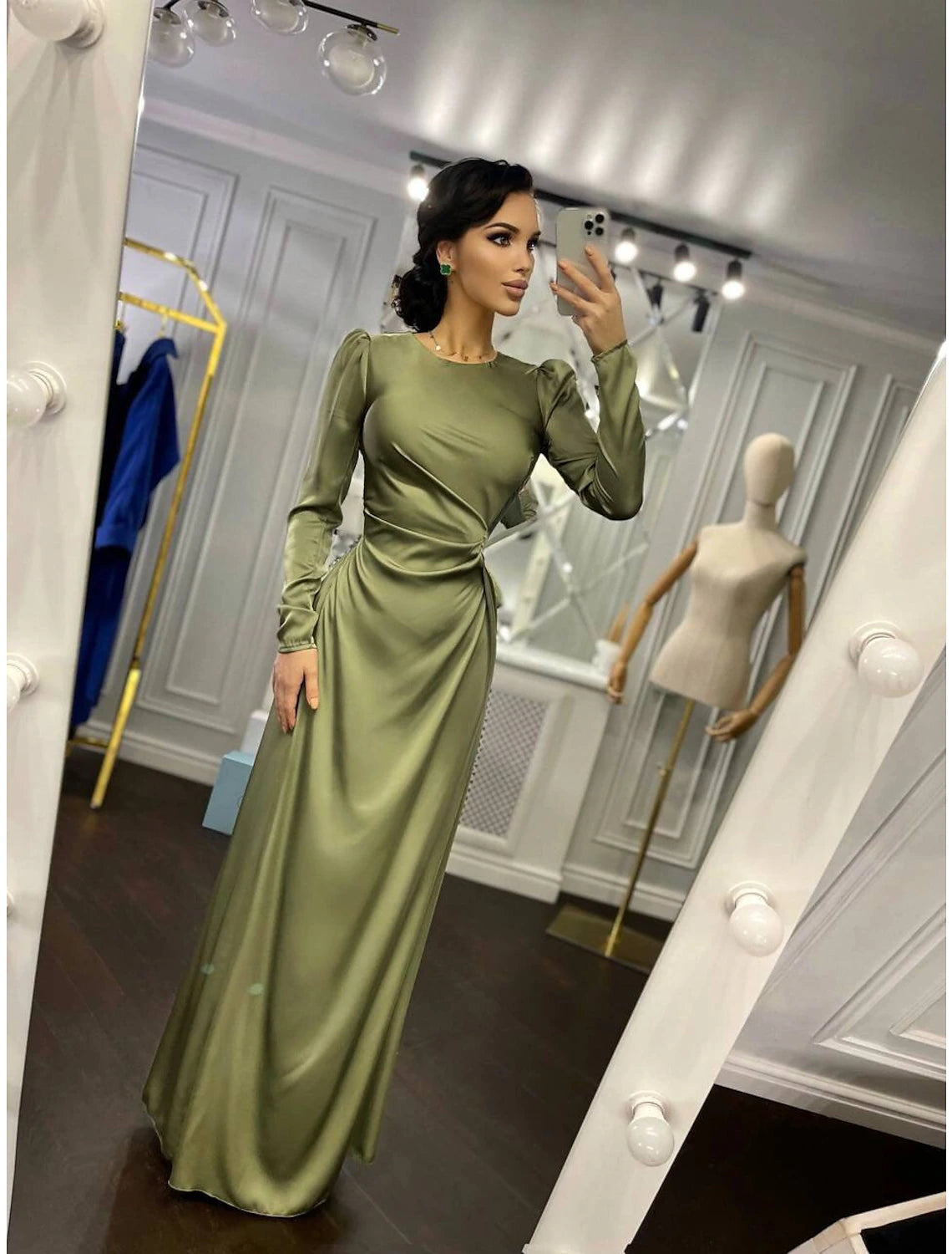 Olive Green Satin Sheath/column Floor-Length Dress with Scoop Neck and Draped Bodice