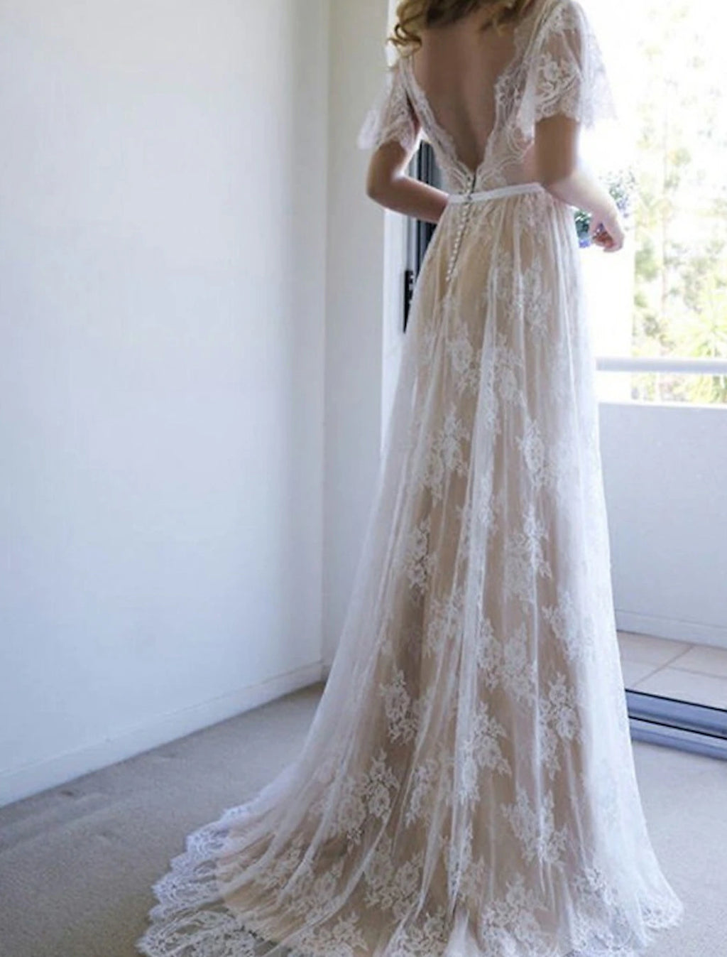 Ivory Lace A-Line Floor-Length Dress with V-Neck and Flutter Sleeves