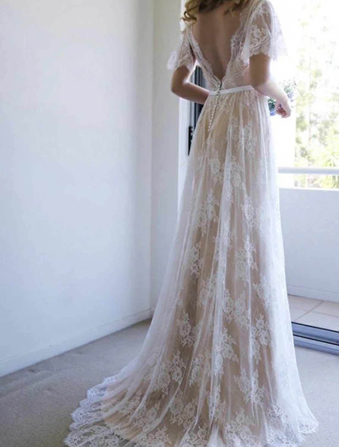 Ivory Lace A-Line Floor-Length Dress with V-Neck and Flutter Sleeves