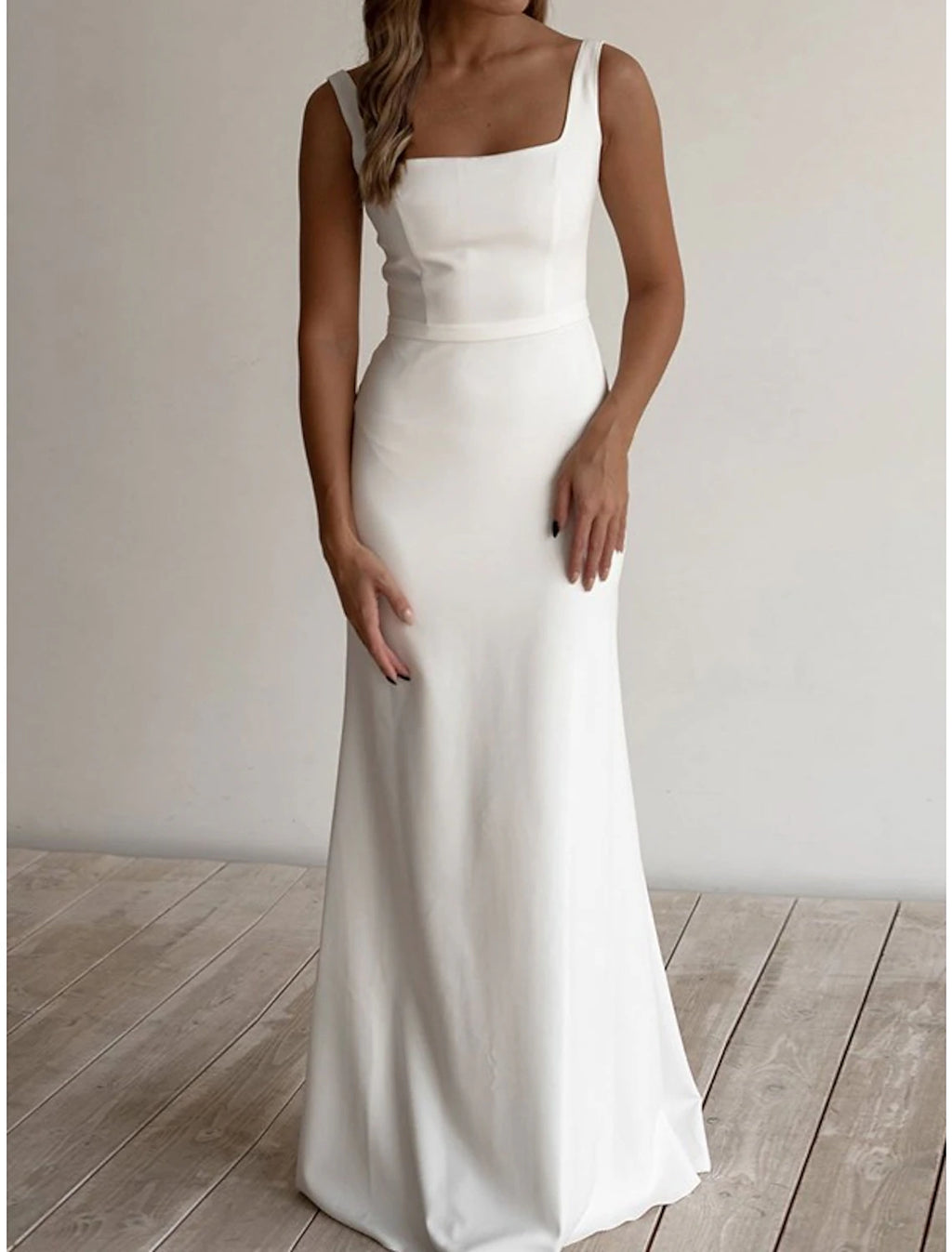 Ivory Satin Square Neck A-Line Floor-Length Bridesmaid Dress