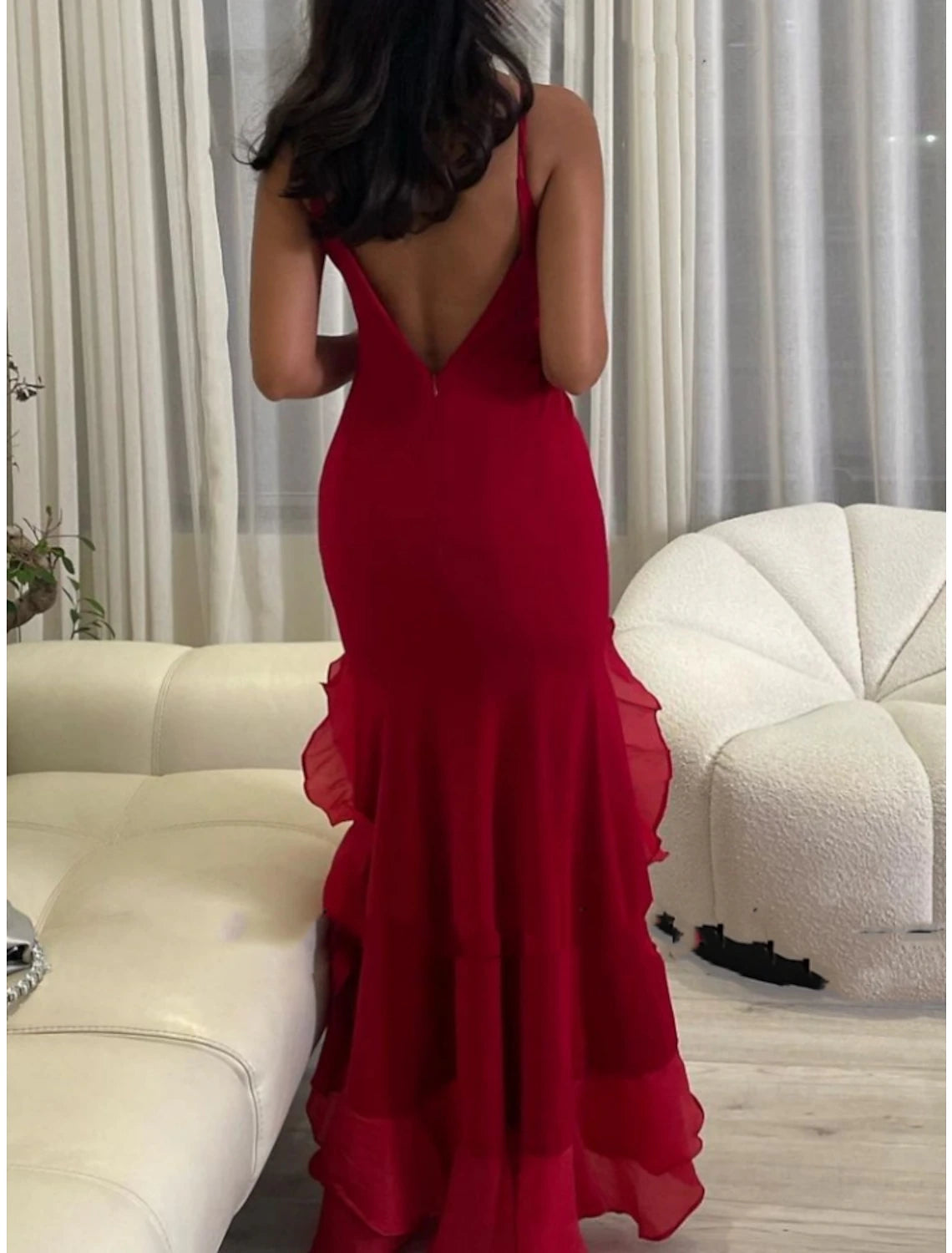 Red Crepe Sheath/Column Boat Neck Floor-Length Dress with Cascading Ruffles & High Slit